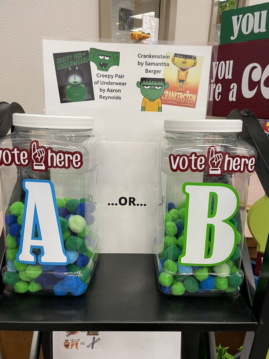 LibMustangs's tweet photo. In this week’s edition of #MustangsVote it was a big green monster guy vs a little green pair of undies…and the Mustangs have spoken. @MasonIBPYP #storyofmason #1LISD @LeanderISD_Lib #UseYourVoice https://t.co/Q7X1gHBZjj