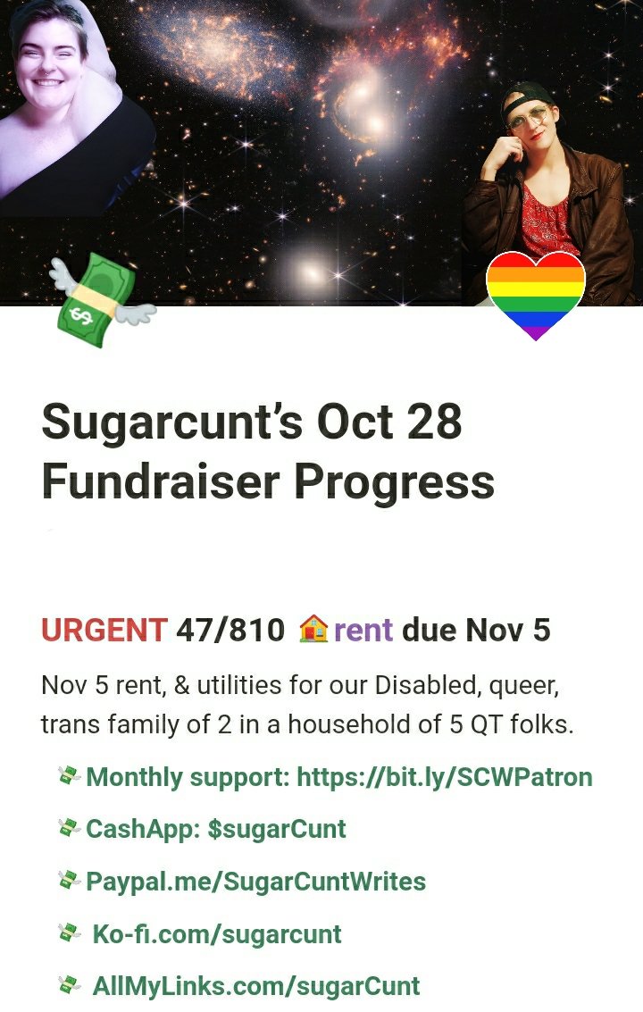 SugarCunt's tweet photo. 47/810 on our nesty needs for our Disabled QT family by Nov 5

Spread the word pls!

Links in profile &amp; alt text

#transcrowdfund https://t.co/Wzv3fLeOjJ