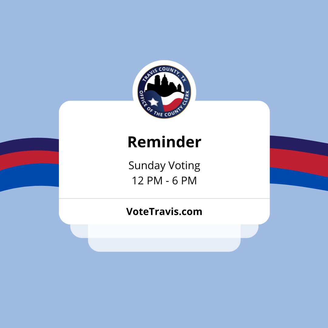 Early voting starts at noon today! All locations will be open 12-6pm. 

Make a voting plan at VoteTravis.com, vote, and tag us in your #iVoted pics! #VoteTravis #VoteReady #VoteEarly