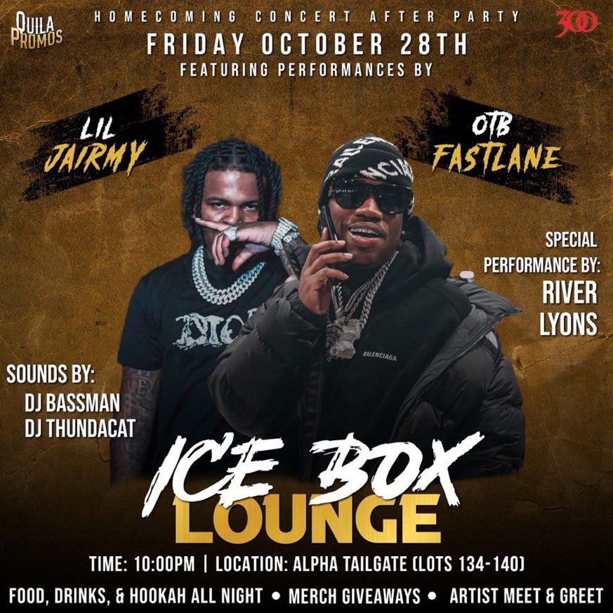 BaabeeDee's tweet photo. No Concert Ticket, No Problem!?! 

Pull Up to the Ice Box Lounge to watch LIVE PERFORMANCES by OTB Fastlane and Houston’s Lil Jairmy 🫡 
-Special Performances 🎤
-Free Merch 🔥
-Meet &amp; Greet 
- Hookah, Food, Drinks 💨🍔🥂
Y’all don’t miss out
#300EntTexasTakeover #QuilaPromos 🌵 https://t.co/MnyRZO6aLx