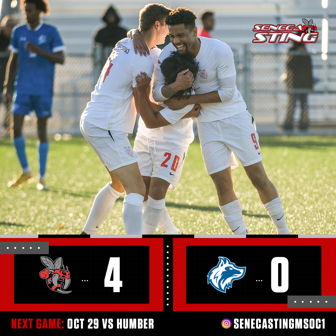 MSOC | The #Sting are off to the #OCAA gold medal match and nationals for the first time in a decade!

⚽ Jowell Alleyne (36')
⚽ Francisco Thomas Cerros (46')
⚽ Adam Othman (86')
⚽ Jahzeel Narona (89')

#BringtheSting @SenecaCollege <a href="/SenecaSSF/">Student Federation</a> <a href="/SenecaAlumni/">Seneca Alumni</a>