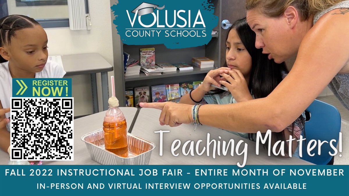 Volusia Recruits (@volusiarecruits) on Twitter photo 📣Don't Miss Out! <a href="/volusiaschools/">Volusia County Schools</a> is hosting a “Virtual” Instructional Job Fair throughout the month of November. Connect with principals across the school district and get #HIRED. F2F and virtual interviews are available. #TeachingMatters 📚
✅Flyer: bit.ly/Fall2022VCSIns… 📣Don't Miss Out! <a href="/volusiaschools/">Volusia County Schools</a> is hosting a “Virtual” Instructional Job Fair throughout the month of November. Connect with principals across the school district and get #HIRED. F2F and virtual interviews are available. #TeachingMatters 📚
✅Flyer: bit.ly/Fall2022VCSIns…