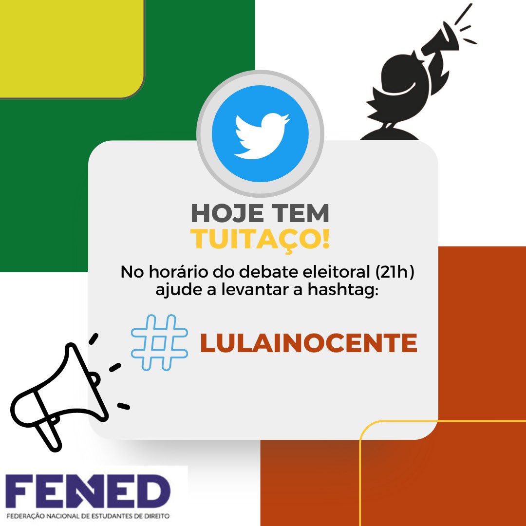 📢 FENED: TWITTAÇO LULA INOCENTE!

📺 Para fazer um contraponto e contar a verdade para as pessoas, que os estudantes de direito estão se organizando para subir a hashtag #LulaInocente no Twitter, quando bolsonaro começar a mentir sobre corrupção no debate.