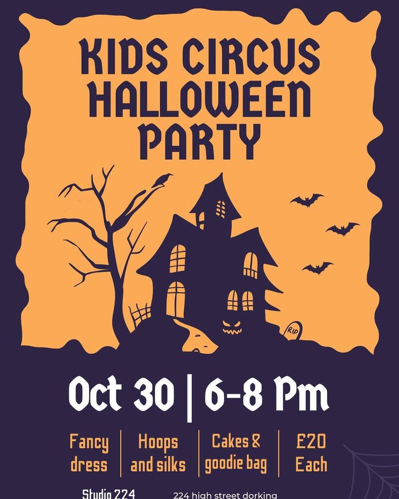 thepolestudio's tweet photo. KIDS’ CIRCUS HALLOWEEN PARTY this Sunday at the Dorking studio from 6pm. Aerial hoop, silks and loads of other fun stuff including goodie bags! DM us or email enquiries@studio224.co.uk for details #happyhalloween🎃 https://t.co/YKzUbsc0mK https://t.co/VF0z6pRe8k