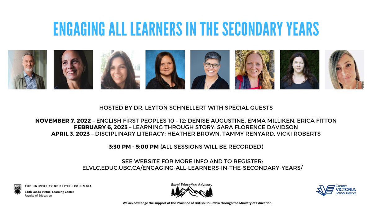 Register at elvlc.educ.ubc.ca/secondary-year… for the Engaging all Learners in the Secondary Years webinars. Session 1: English First Peoples 10-12 with <a href="/DeniseAugustin1/">Denise Augustine</a> <a href="/EmmaMilliken4/">Emma Milliken (she/her)</a> &amp; <a href="/EricaFitton/">Erica Fitton</a>. #literacy #equity <a href="/RosePillay1/">Rose Pillay</a> @NadineMcSpadden <a href="/Ericatnwt/">Erica Thompson</a> <a href="/amelialaidlaw/">Amy Laidlaw</a> <a href="/MarrenKatie/">Katie Marren</a>