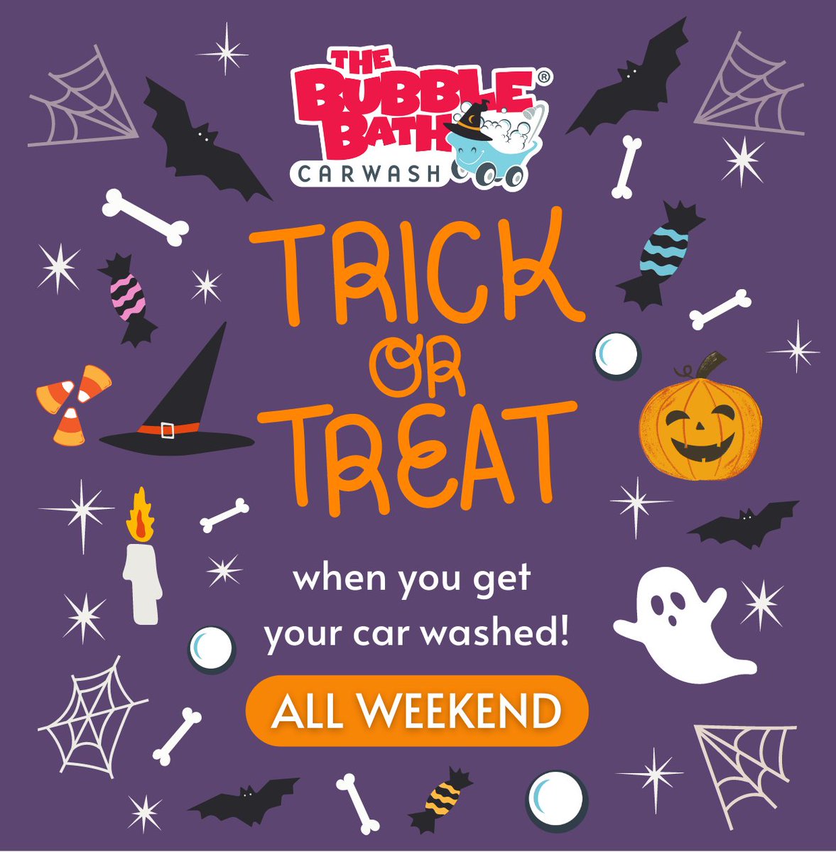 Make sure to grab some Halloween treats when you give your car a Bubble Bath this weekend! Our team members will be passing out candy to all of our fabulous customers. We look forward to seeing y'all! 🍬🎃