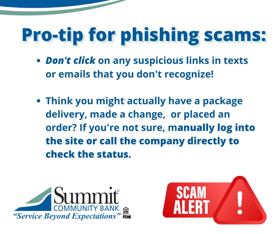 mysummitbank's tweet photo. On #FightFraudFriday we're reminding you to never click a link in an email or a text message that looks suspicious. Didn't opt-in for a text? Don't recognize the sender? Don't click the link. Call instead! https://t.co/swbVBbjUQg