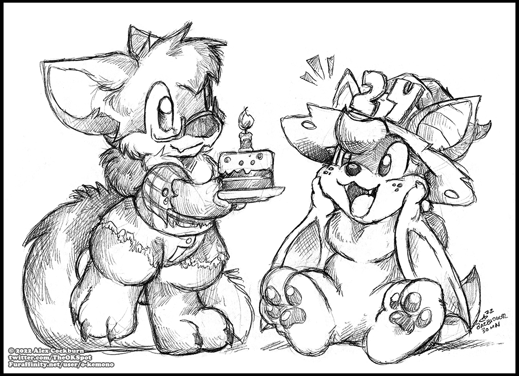 A little gift commission for <a href="/YurusaArt/">yurusa.bsky.social</a> ! Look! <a href="/Harzipan/">Harzy!</a> has cake for you!~

Happy birthday, Batfriend! Hope you and Harzy have a fantastic day~ ❤️

Artwork by <a href="/TheOKSpot/">Ookami Kemono ( ookamikemono.bsky.social )</a> !