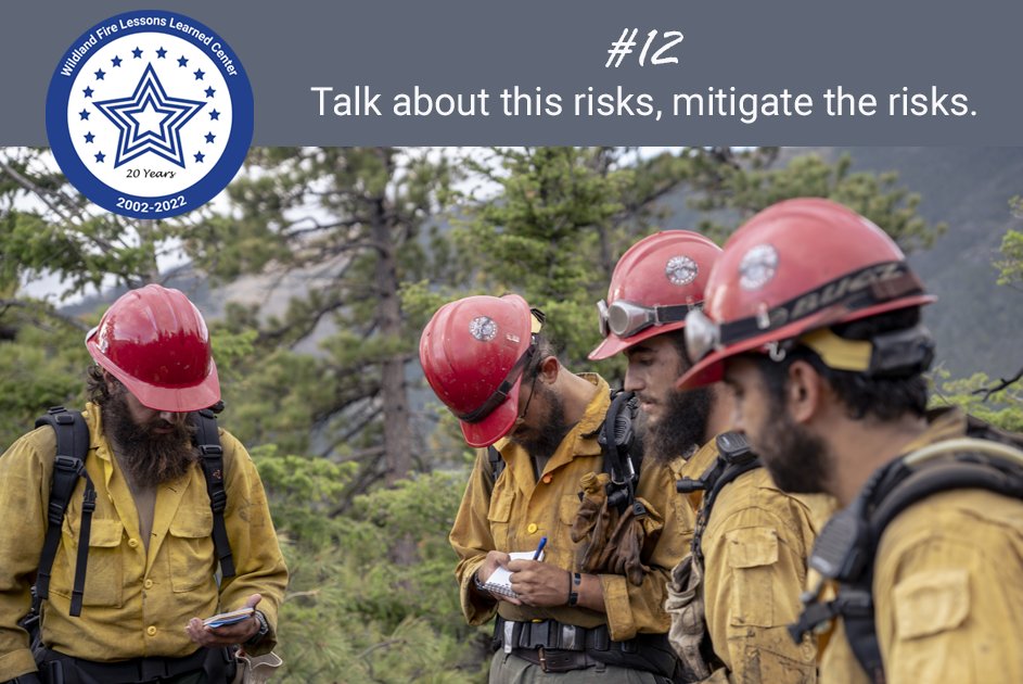NIFC_Fire's tweet photo. In continuation of our celebration of the 20th anniversary of the Wildland Fire Lessons Learned Center, the 12th way to learn from past wildland fires is: Talk about the risks, mitigate the risks!
Learning is vital! Stay safe and #HonorThroughLearning. #WildfireLessons20 https://t.co/F273KXOQZ5