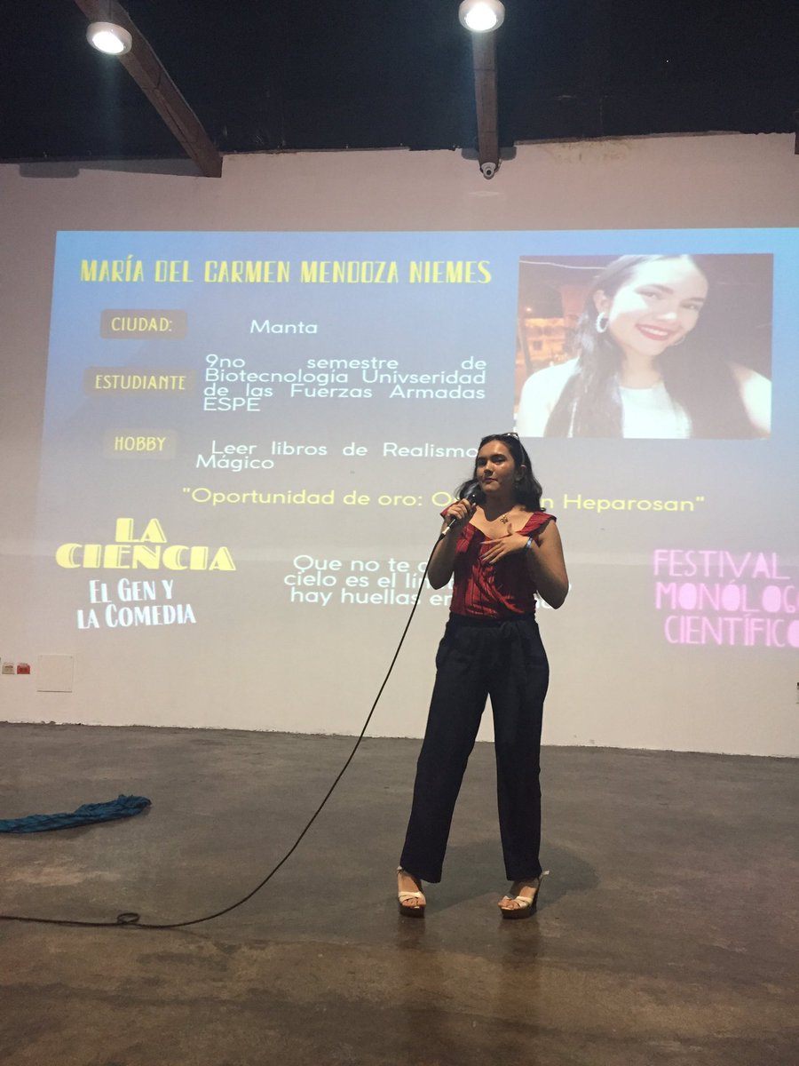 DcdvaE's tweet photo. Los estudiantes de biotecnología debutaron con éxito como monologistas científicos con el festival de Monólogos organizado por @igemecuador @DeAeib @ESPEU @KunaEcuador @MICmuseo https://t.co/l7jGnzh1dx