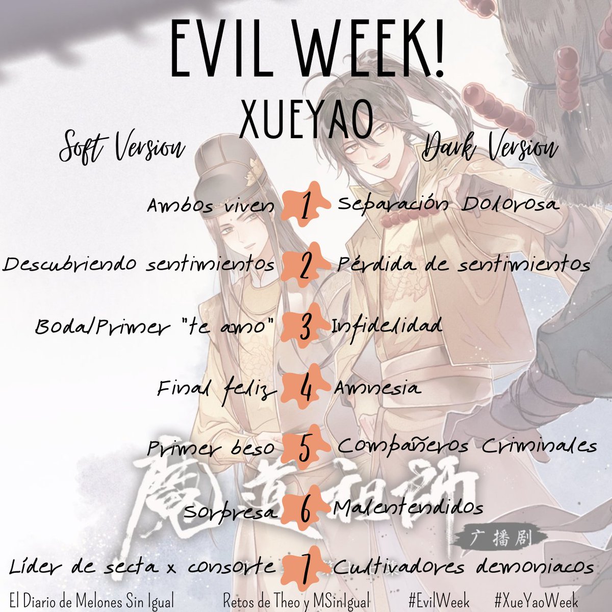 MSinigual's tweet photo. Para noviembre, Theo y yo les traemos el evento que comienza el 14 de noviembre: #EvilWeek #XueYaoWeek2022
Allí vienen las reglas, los temas y una plantilla por si quieren escribir un drabble o dejar un meme! Porque #XueYao la shipp más malvada y bonita!
Del 14 al 20 de Noviembre https://t.co/4PrpsP3vue