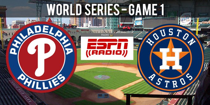 Game 1 of the #WorldSeries between the @Phillies & @Astros! 🔴👨‍🚀⚾️ Pregame NOW w/@KevinPWinter & @dougglanville 📱: @ESPN app 📻: @ESPNRadio 🖥: ESPNRadio.com ⚾️: 8:03PM ET 🎙: @DShulman_ESPN, @PerezEd, @jessmendoza, @Buster_ESPN #RingTheBell | #LevelUp | #RedOctober