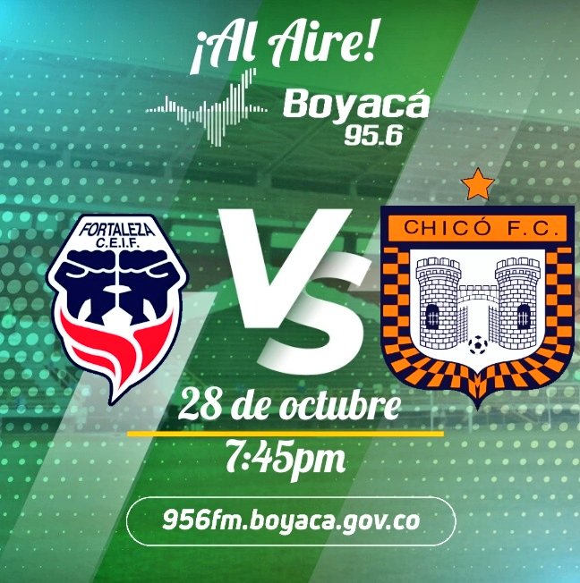 SecInfraBoyaca's tweet photo. ¡Viernes y fútbol! Dos palabras que combinan bien con la fecha 4 de los cuadrangulares semifinales del #TorneoBetPlay ⚽ y el partido entre @FortalezaCEIF y @BCHICOFCOFICIAL.

Escuche a #LosCampeonesDelFútbol 📻 desde las 7:45 PM con la antesala y a las 8:00 pm el pitazo inicial. https://t.co/jgGcLm5buA