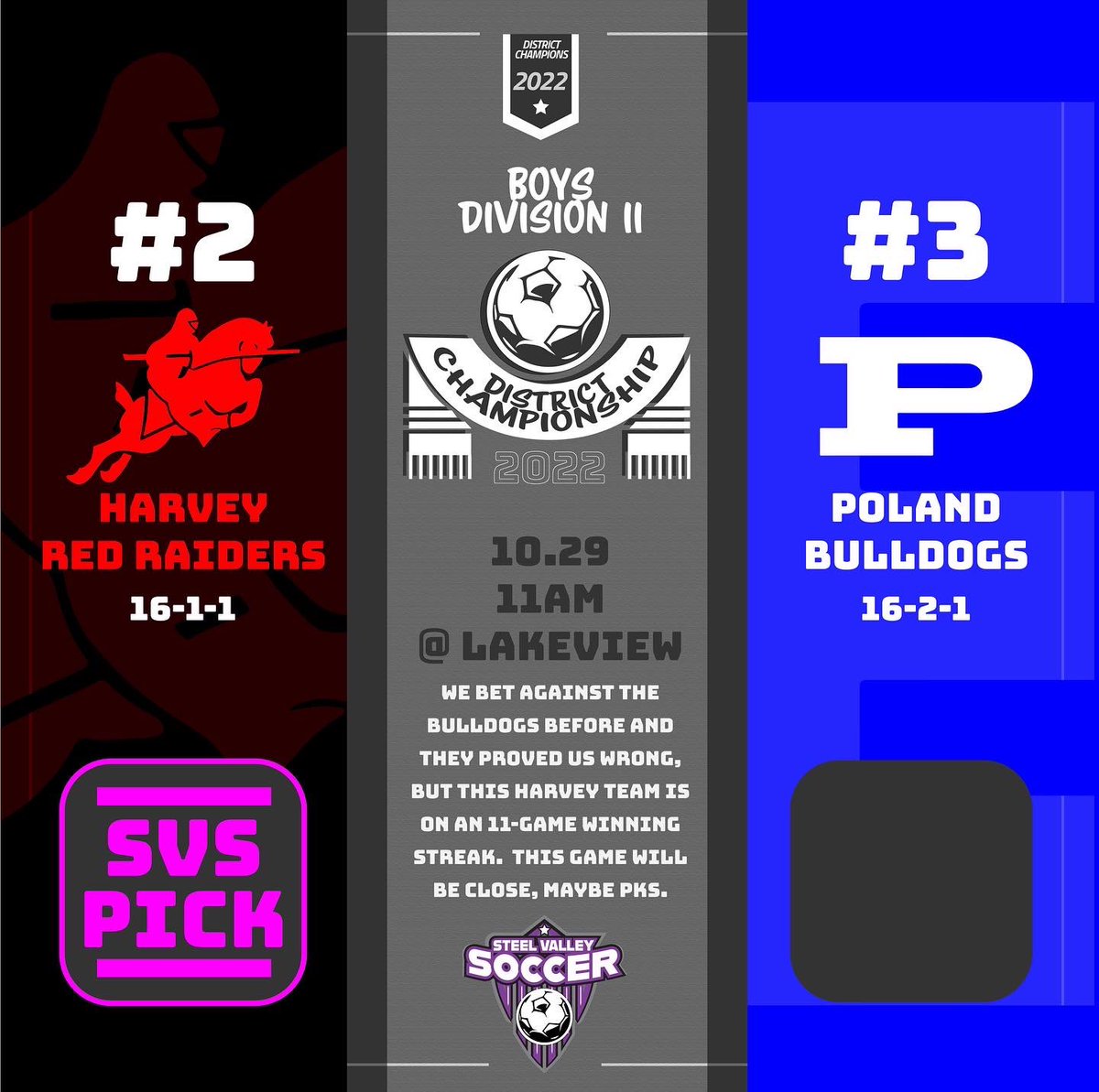 Boys’ District Championships early tomorrow, who are you rooting for? <a href="/UnitedBoysSoc/">United Local Boys Soccer</a> <a href="/BadgerSchools/">Joseph Badger School</a> <a href="/WickliffeHS/">Wickliffe High School</a> <a href="/BoysMooney/">Cardinal Mooney Boys Soccer</a> <a href="/warrenjfk/">JFK Catholic School</a> <a href="/harvey__soccer/">Harvey Boys Soccer</a> <a href="/SoccerPoland/">PolandSeminarySoccer</a> <a href="/PolandAthletics/">PSHS Athletics</a> <a href="/MooneyFamily/">Cardinal Mooney - OH</a> #steelvalleysvs #ohio #highschool #soccer #ossca #ohsaa #ydssca ⚽️🏆