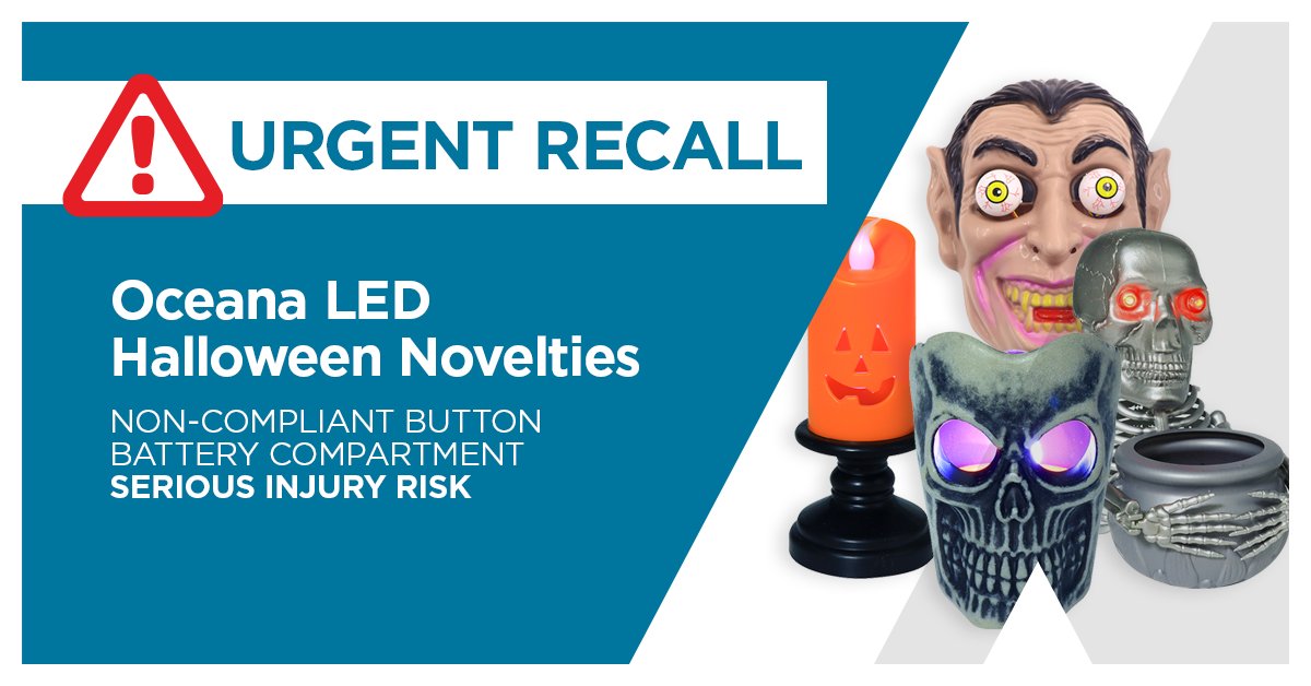 Planning to go trick-or-treating with novelty items by Oceana? These products have been recalled due to button battery compartments that aren't properly secured: stop use immediately, keep them out of reach of children and return them for a full refund. bit.ly/3WeDp43