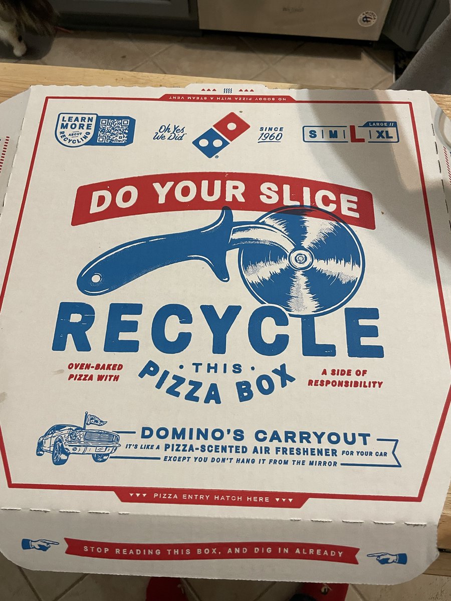 drciesla's tweet photo. Hey @dominos, is this cardboard? Yes. Is cardboard recyclable? Yes. Is cardboard soaked with pizza grease recyclable? NO! Please stop advertising that your pizza boxes are recyclable, they aren't when there's grease on them. 
#recycling #notrecyclable https://t.co/IPerki0HYK