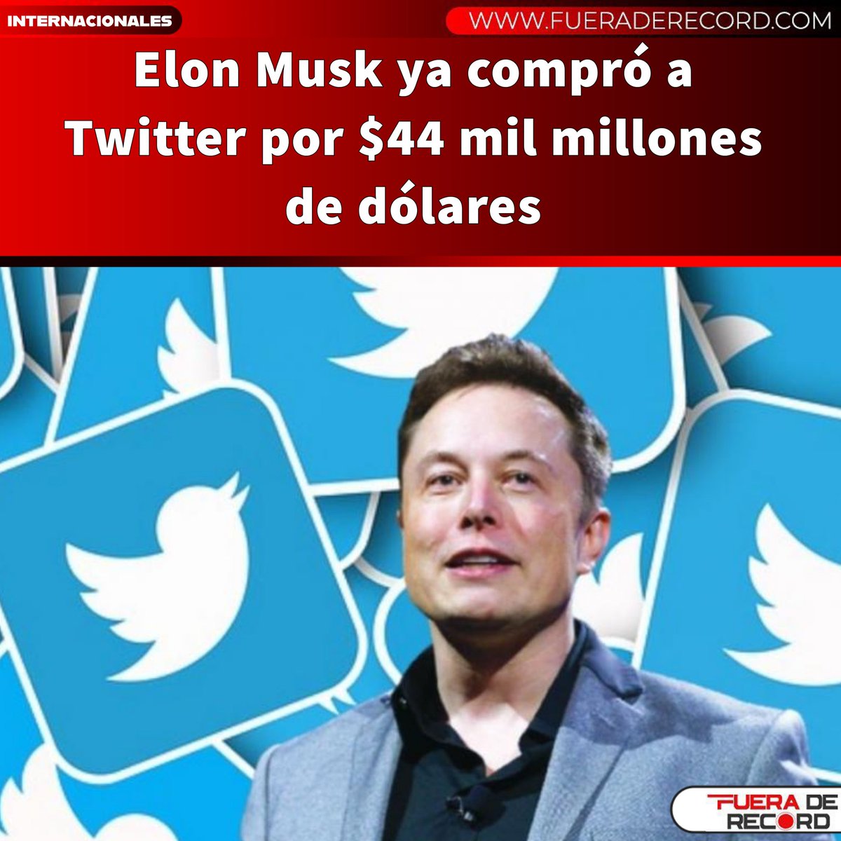 El multimillonario Elon Musk ya es el nuevo dueño de Twitter, tras completar su compra por 44.000 millones de dólares. Poco después ha tuiteado «El pájaro es libre». Continúa leyendo esta noticia en fueraderecord.com. Enlace en la Bio #FueraDeRecord #Noticias #FRDigital