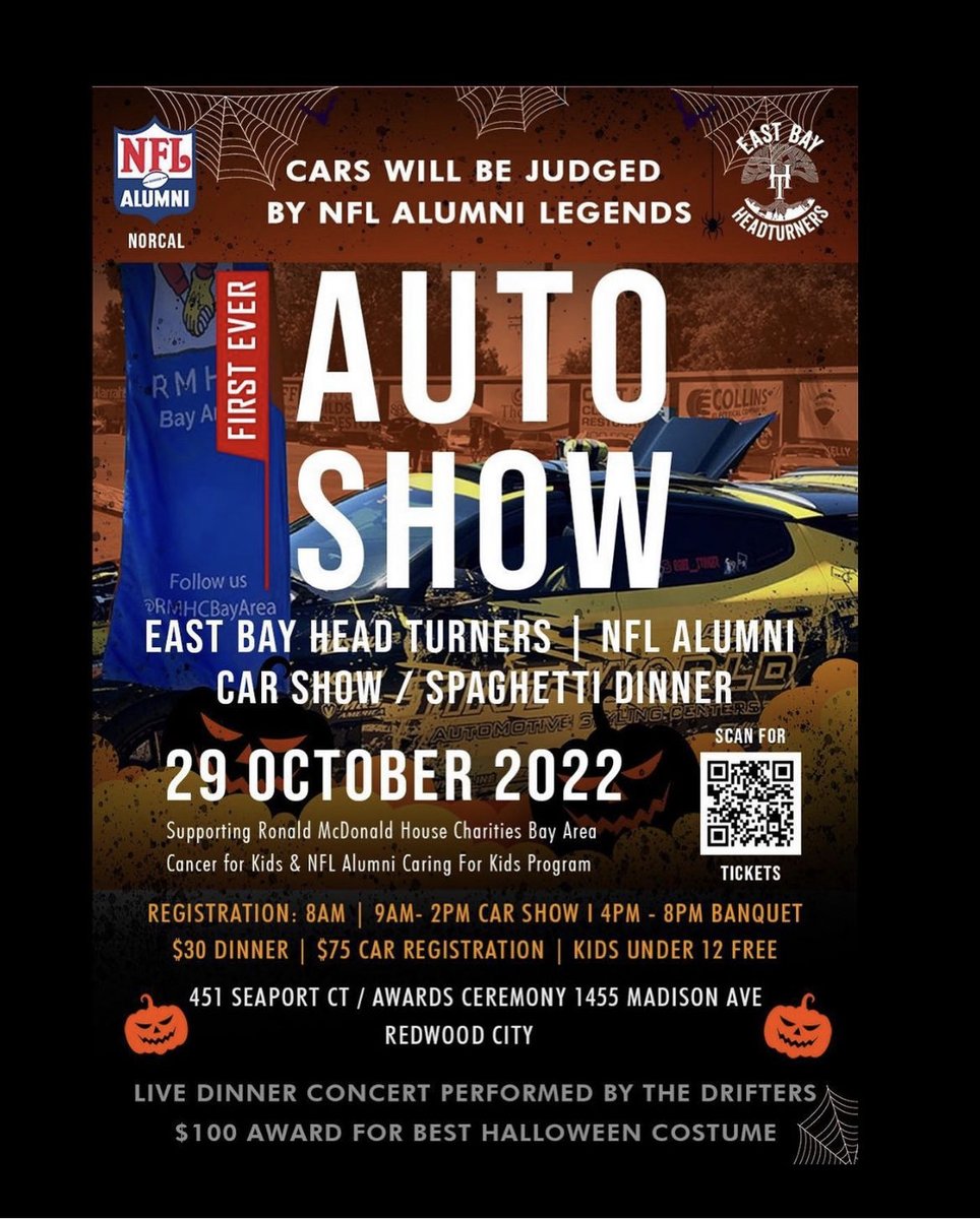 NFLAlumniNoCa's tweet photo. 🎃Tomorrow 9am-2pm!🕸
The Drifters LIVE!
$100 AWARD FOR BEST HALLOWEEN COSTUME

9AM- 2PM CAR SHOW
4PM - 8PM BANQUET

Supporting #RonaldMcDonaldHouse &amp; #NFLAlumni #NorCalChapter “Caring For Kids” Program❤️

451 SEAPORT CT~Car Show 
1455 MADISON AVE~ Ceremony
Redwood City https://t.co/n1Fzg4T0oR