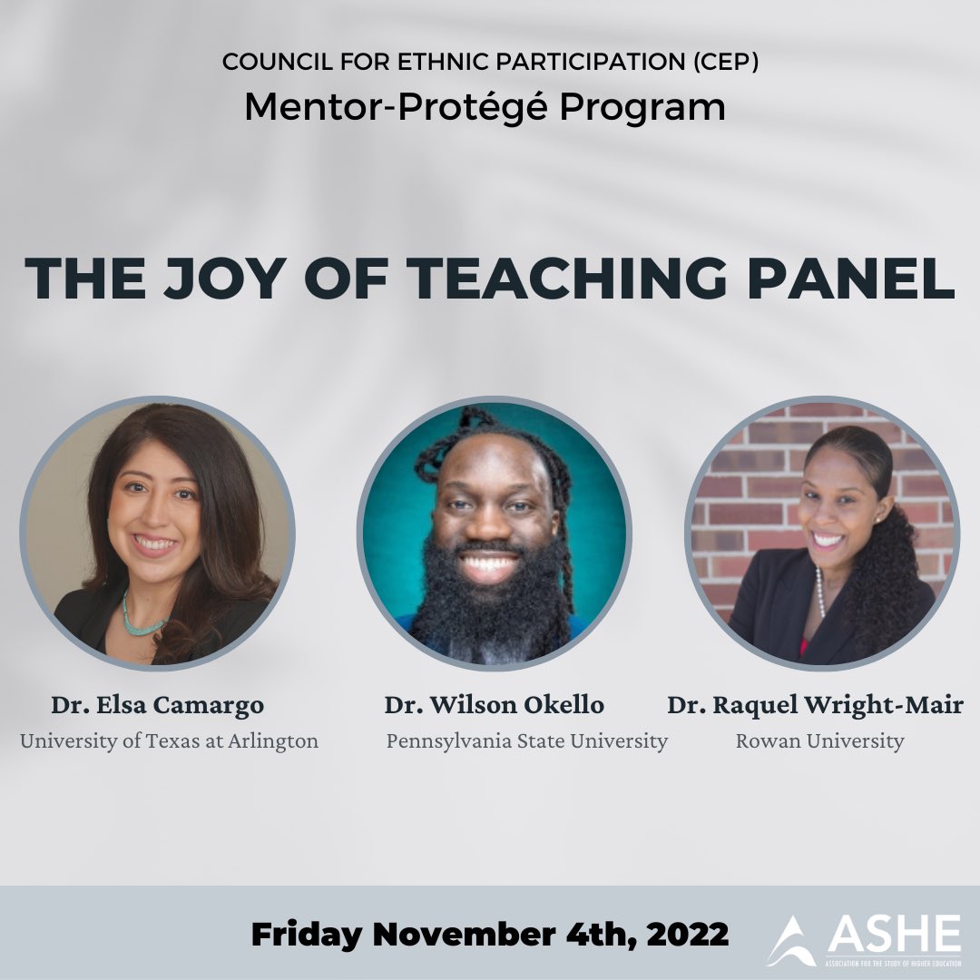 What if we told you our awesome panelists <a href="/LaDraCamargo/">Elsa Camargo, PhD</a>, <a href="/wilson_okello/">Wilson Kwamogi Okello, Ph.D.</a> and <a href="/DrRaquelWrightM/">Raquel Wright-Mair, Ph.D.</a> have some amazing insight to share with you about the joy of teaching?? Hint: they do! Join us November 4th to find out out more on this topic.