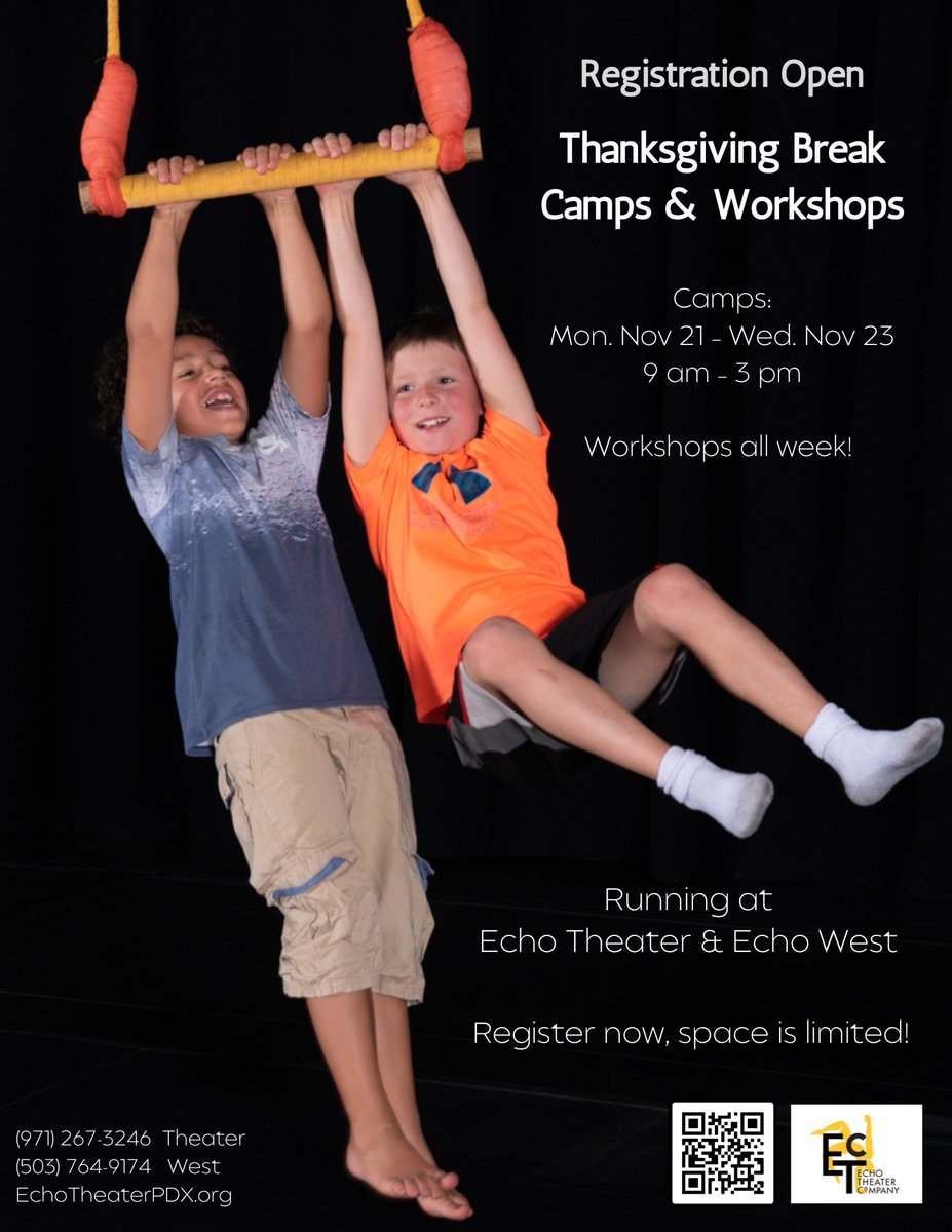 etc_pdx's tweet photo. Registration is NOW OPEN for Thanksgiving Break Camps &amp; Workshops

Camps are running at Echo Theater AND Echo West
Mon. Nov 21 – Wed. Nov 23
9 am – 3 pm 

Workshops are running all week! https://t.co/6XD3EHVTex