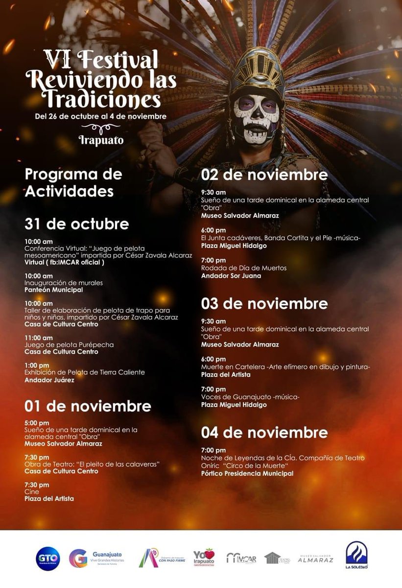 Desfile de catrinas, juego de pelota, noche de leyendas, obras de teatro y mucho más, es lo que podremos disfrutar en el Festival #ReviviendoLasTradiciones en #Irapuato 🍓. ¡No te lo pierdas del 26 de octubre al 4 de noviembre. Revisa la cartelera 👇🏻!