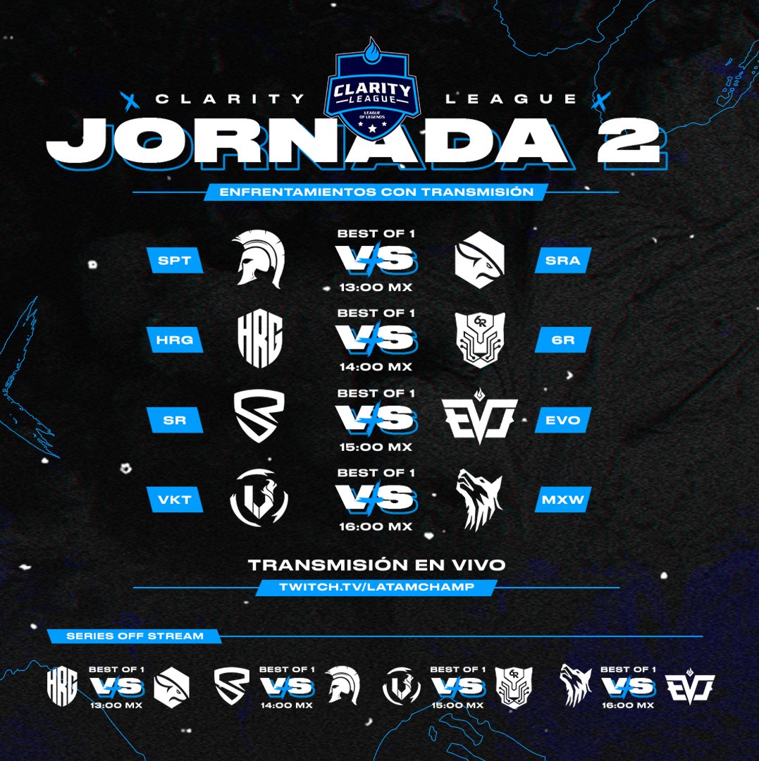 "¿La Clarity League y Latam Championship volvieron?"🤩

ASI ES! Te traemos el mejor League of Legends este fin de semana para que te goces toda la emocion del escalon de las futuras leyendas! 🔥🏆

En vivo desde las 1PM MX!😈
📹twitch.tv/latamchamp