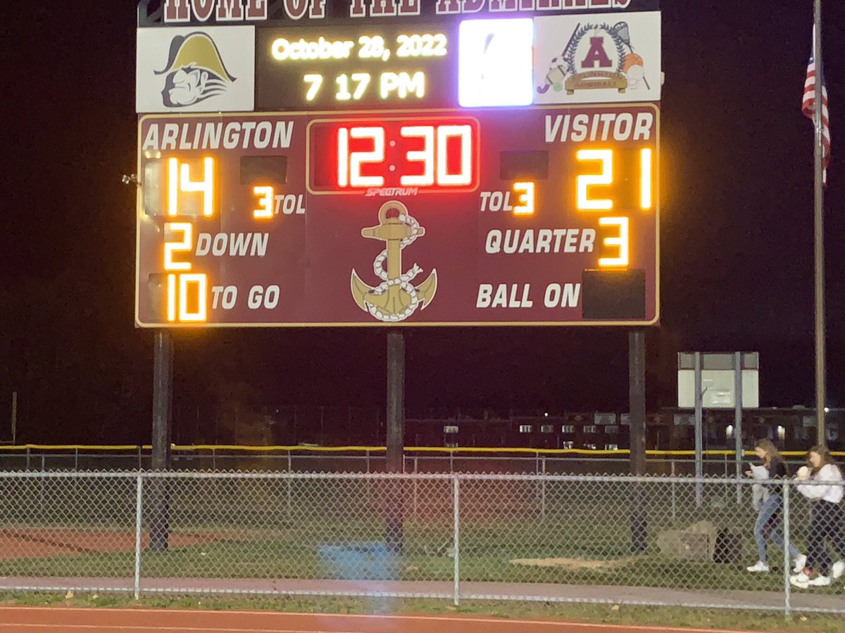 At halftime at Arlington- New Ro 21 Arlington 14. Corey Dawson to Austin Luzzi for the go ahead touchdown with :03 left in half. GO HUGUENOTS!