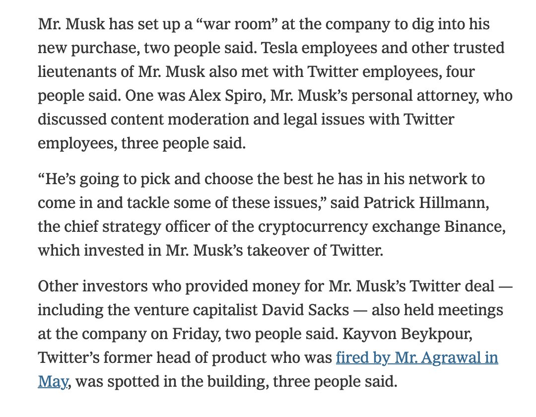 Among the people Musk has brought into the fold at Twitter include his personal lawyer, Alex Spiro; @DavidSacks, a friend and VC; and @kayvz, a former Twittter exec who was fired under the previous CEO. nytimes.com/2022/10/28/bus…