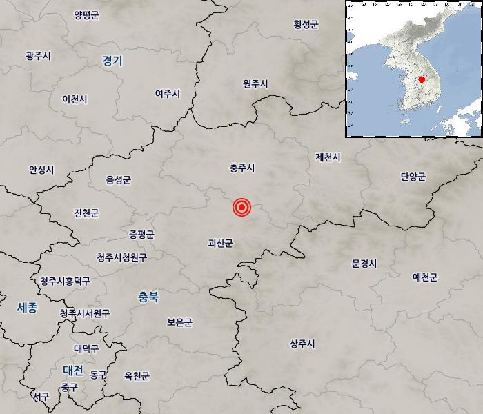 KMA_earthquake's tweet photo. [지진속보] 10-29 08:27 충북 괴산군 북동쪽 12km 지역에서 추정규모4.3 지진발생 예상진도 : 최대진도 Ⅴ(충북),Ⅳ(강원,경북),Ⅲ(경기,대전,서울,세종,충남) https://t.co/fYQvZ0ipYa