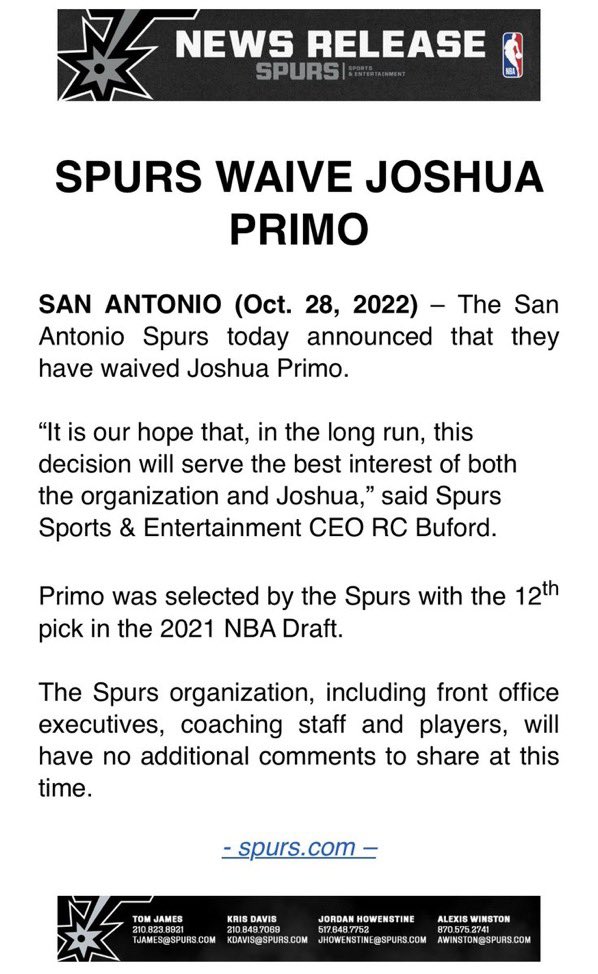 Spurs waive Joshua Primo without explanation, Gregg Popovich acts  mysterious