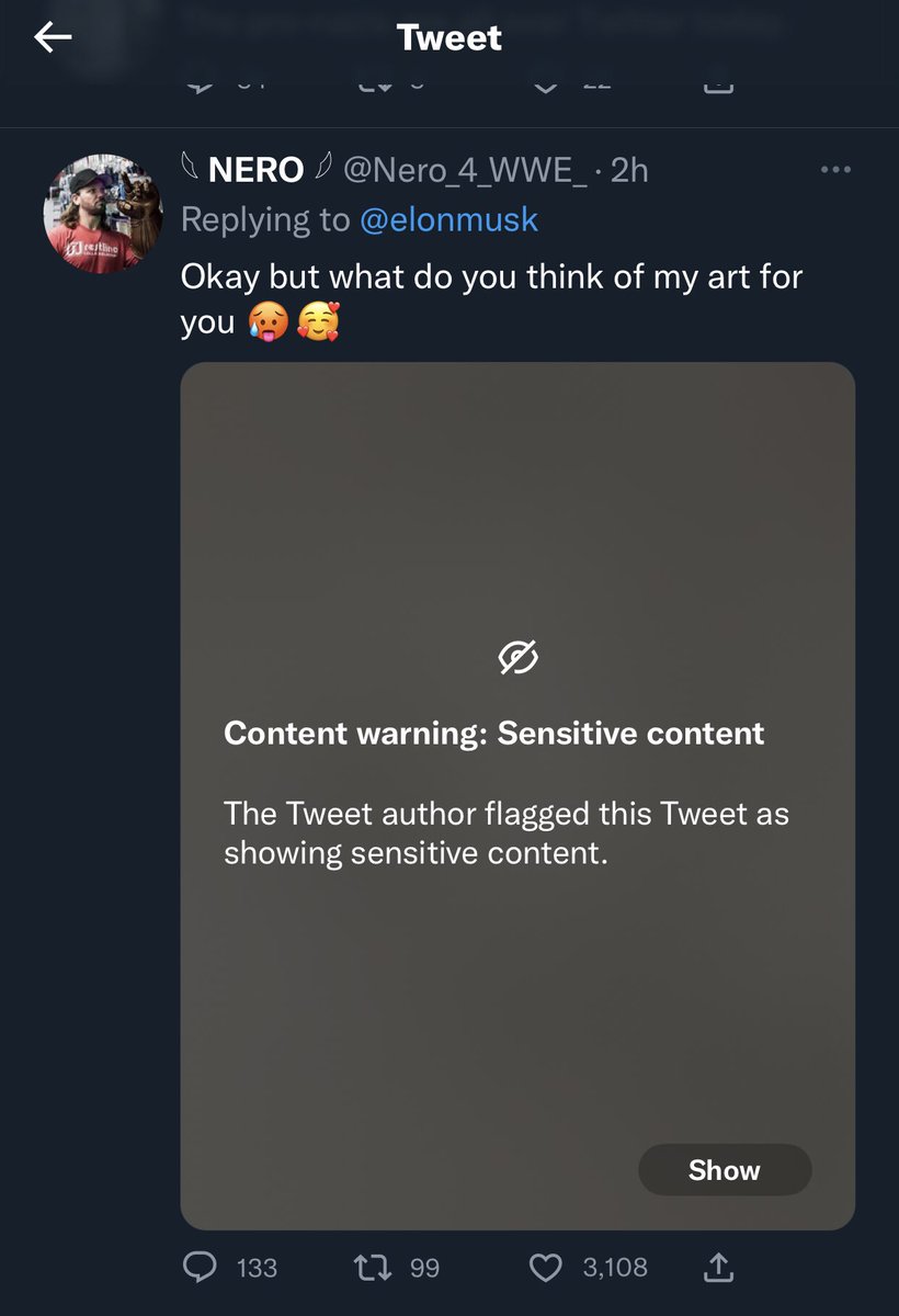 HisCromulency's tweet photo. @Nero_4_WWE_ @elonmusk This being hidden as “sensitive content” today is funnier than anything he’ll ever tweet https://t.co/cWVRIoTdPU