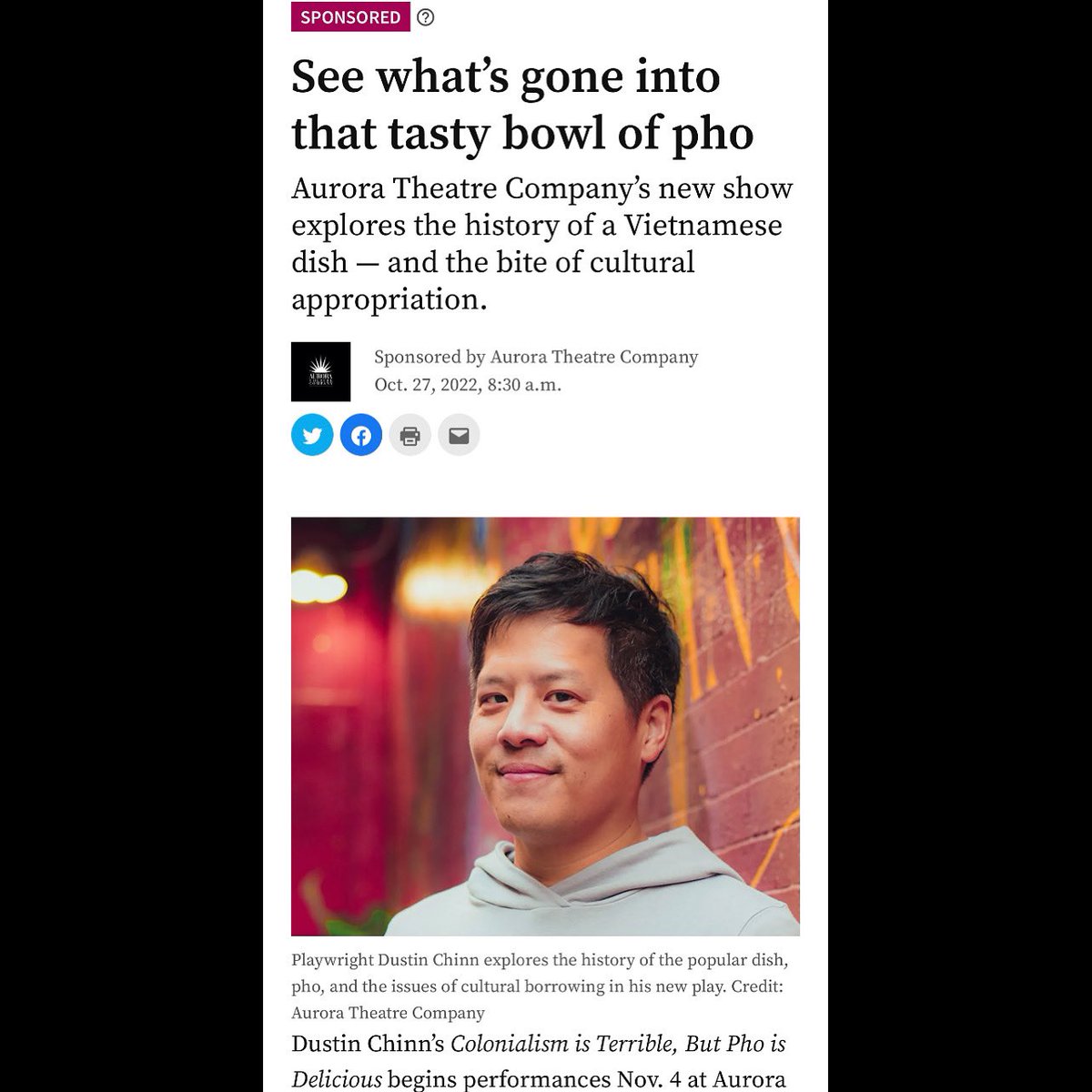 AuroraTheatreCo's tweet image. Aurora Theatre Company’s new show explores the history of a Vietnamese dish — and the bite of cultural appropriation.

Read “See what’s gone into that tasty bowl of pho” at bit.ly/3Nk1W3D

---

#theatre #actor #pho #acting #actress #performance #comedy #aapi #berkeley