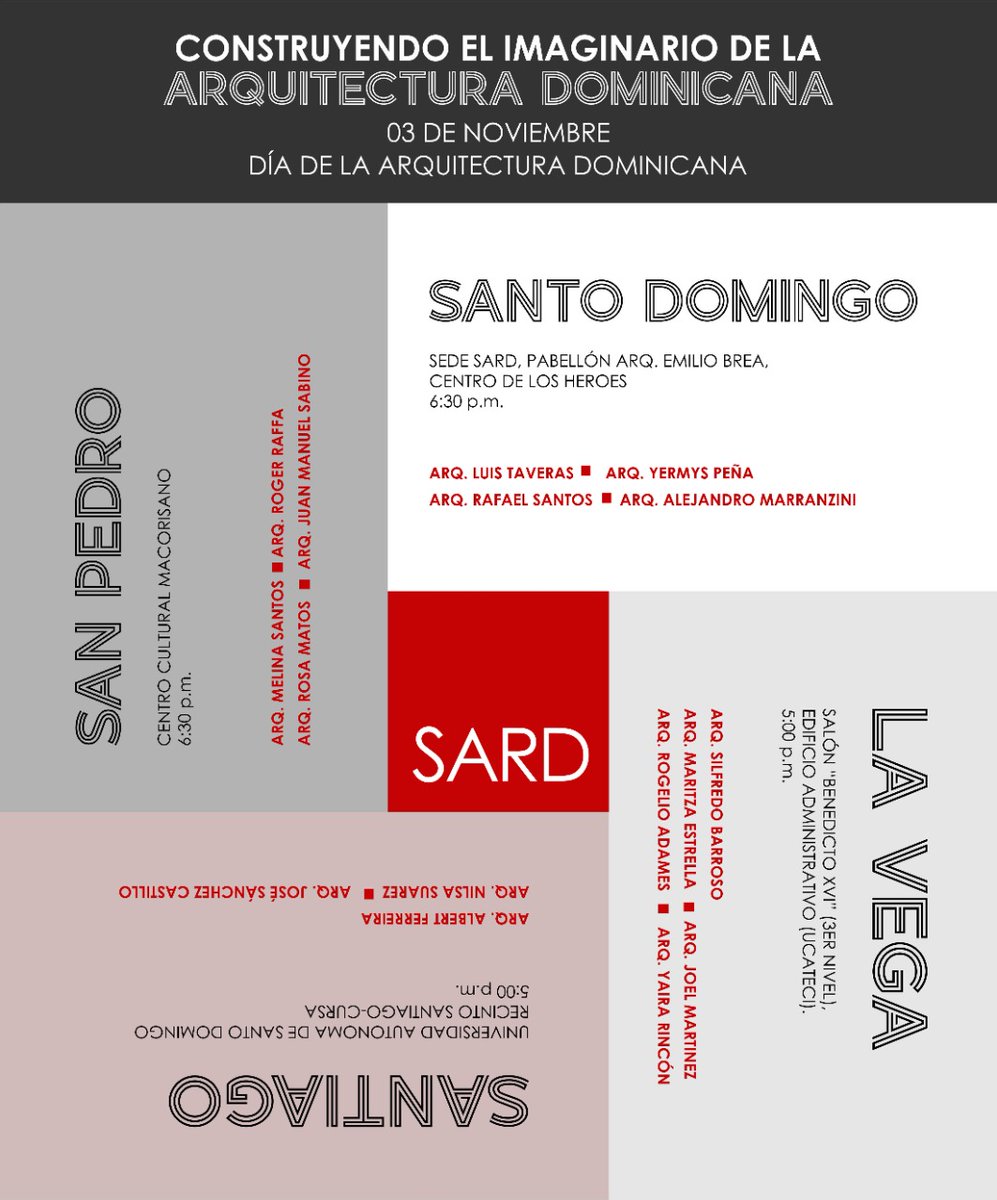 TaverasL's tweet image. Este 03 de noviembre &quot;Dia d la Arquitectura Dominicana&quot;, estás invitado arquitecto, estudiante y publico en general

📢 Evento que se celebrará en (4) provincias del pais #simultaneamente

En  Sto. Dgo. sede d Sociedad d Arquitectos (pabellon Arq. Emilio Brea) Centro d los heroes