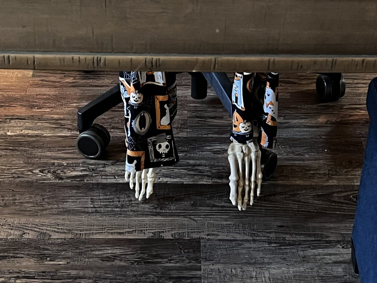 While under the influence of dental surgery meds, I bought a skeleton. My husband has gone nuts with it, including dressing it in my work-from-home clothes (so creepy)— including my PJ bottoms (so accurate).