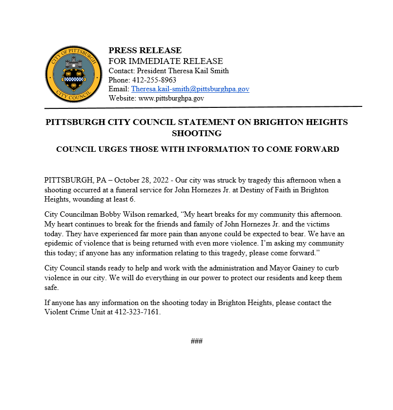 If anyone has any information on the shooting today in Brighton Heights, please contact the Violent Crime Unit at 412-323-7161.
