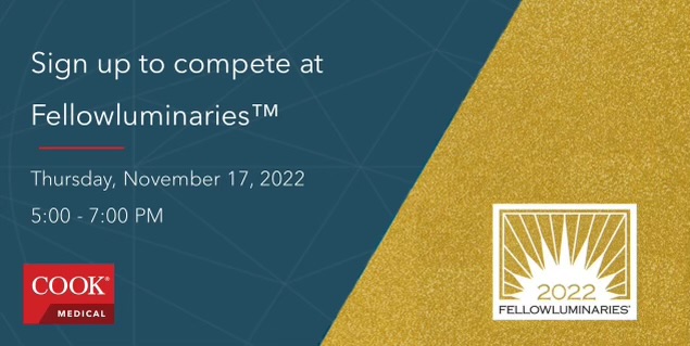 cookvascular's tweet photo. 12th Annual #Fellowluminaries debate-style competition coming Nov. 17: If you are a senior #vascularsurgery #fellow or #resident attending @VEITHsymposium and want to represent your academic center on the stage, sign up today. Only 5 seats left: https://t.co/iydlMdGV2z
#VEITH22 https://t.co/EQslGpUrEd