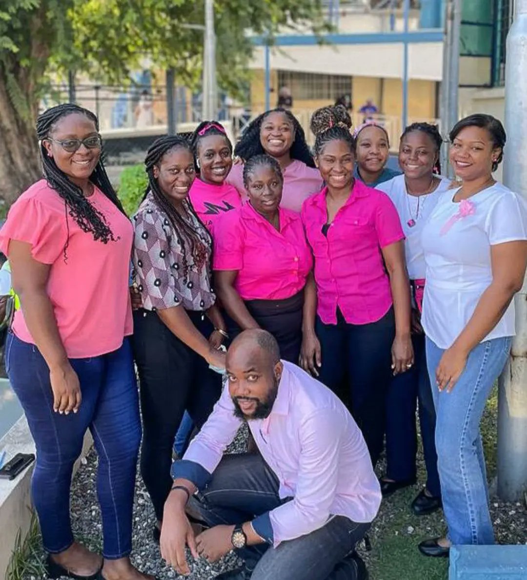 theserhajm's tweet photo. Our staff at the Physiotherapy Department, Kingston Public Hospital and Hope Institute wore pink today to bring awareness to breast cancer and to support the survivors. #pinkfriday #BreastCancerAwarenessMonth @themohwgovjm @christufton @julietsamantha #TEAMSERHA https://t.co/D2aAw6qvn3