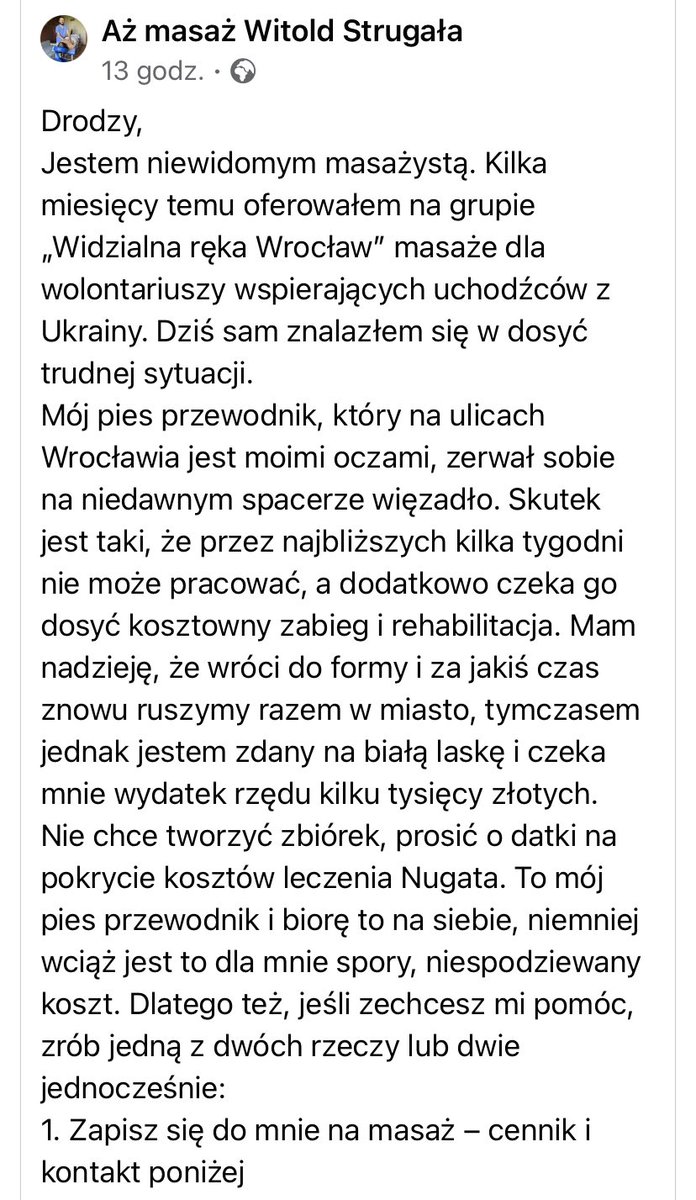 GosLisSkupinska's tweet photo. Wrocław-podajcie dalej: „Jestem niewidomym masażystą. 
Mój pies przewodnik, który na ulicach Wrocławia jest moimi oczami, zerwał sobie na spacerze więzadło. przez najbliższych kilka tygodni nie może pracować, a dodatkowo czeka go kosztowny zabieg i rehabilitacja⬇️… https://t.co/vIvhNDYogd