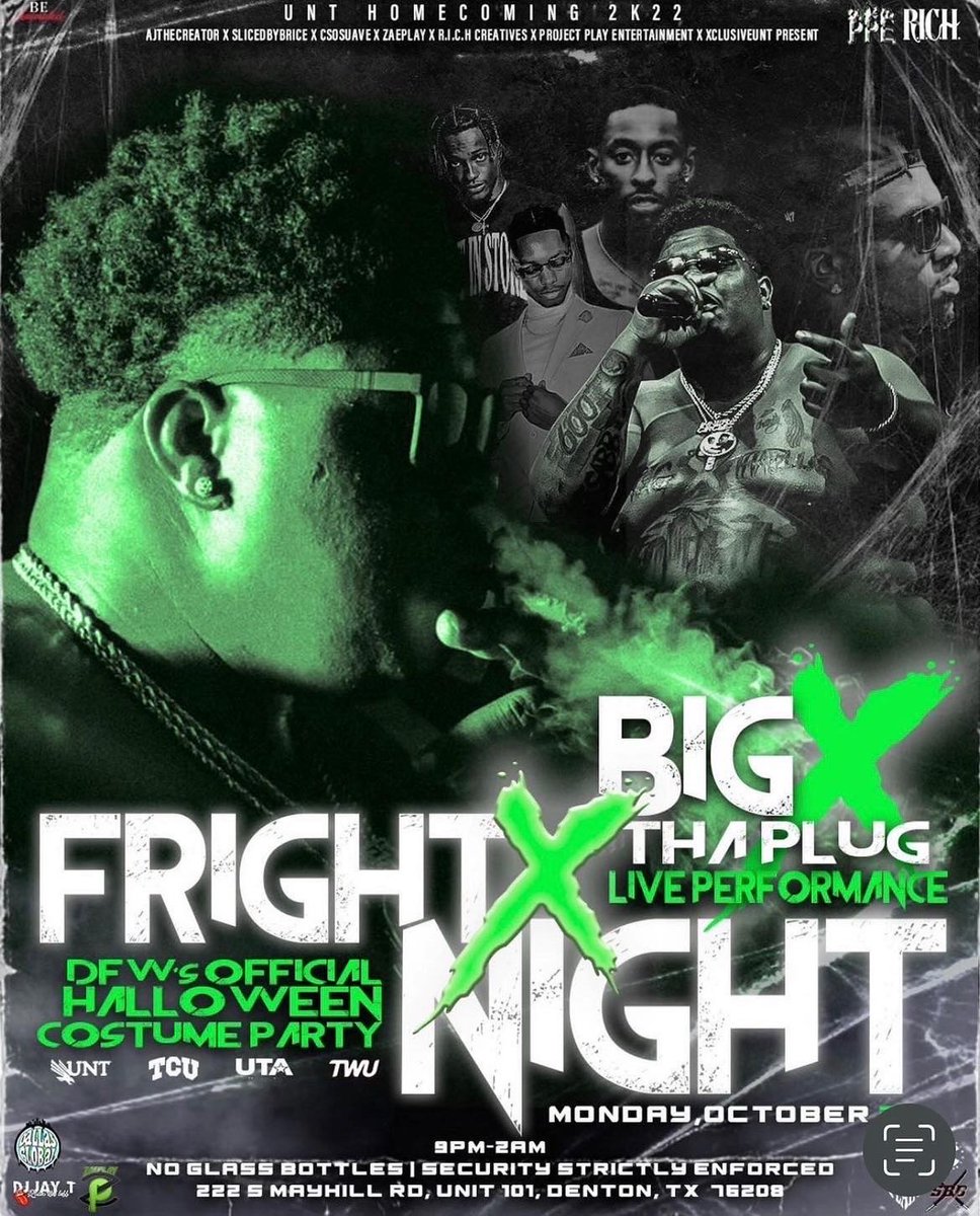 TWUParties's tweet photo. #UNTHOCO2K22 let’s get it! ✔️

FRIGHT NIGHT 👻 Mon. Oct. 31st
📍 DENTON, TX!

The DFW’s OFFICIAL Halloween Costume Party! 👻

Special Guest/@BigXthaPlugg 🔊

Presales are on sale NOW! https://t.co/OeiMPpyC4H