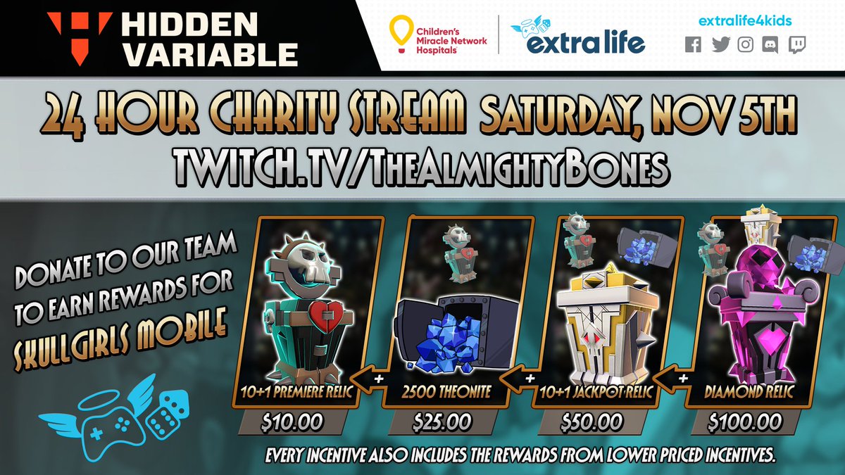 Skullgirls's tweet photo. ♥️ @Hidden_Variable is raising money for Children's Hospital Los Angeles with @ExtraLife4Kids ♥️

Earn rewards for Skullgirls Mobile by donating to our team!

We're streaming for 24 HOURS starting on Nov 5th.

Catch us here: https://t.co/epA591FwDm ♥️ https://t.co/dCKzsusQtd