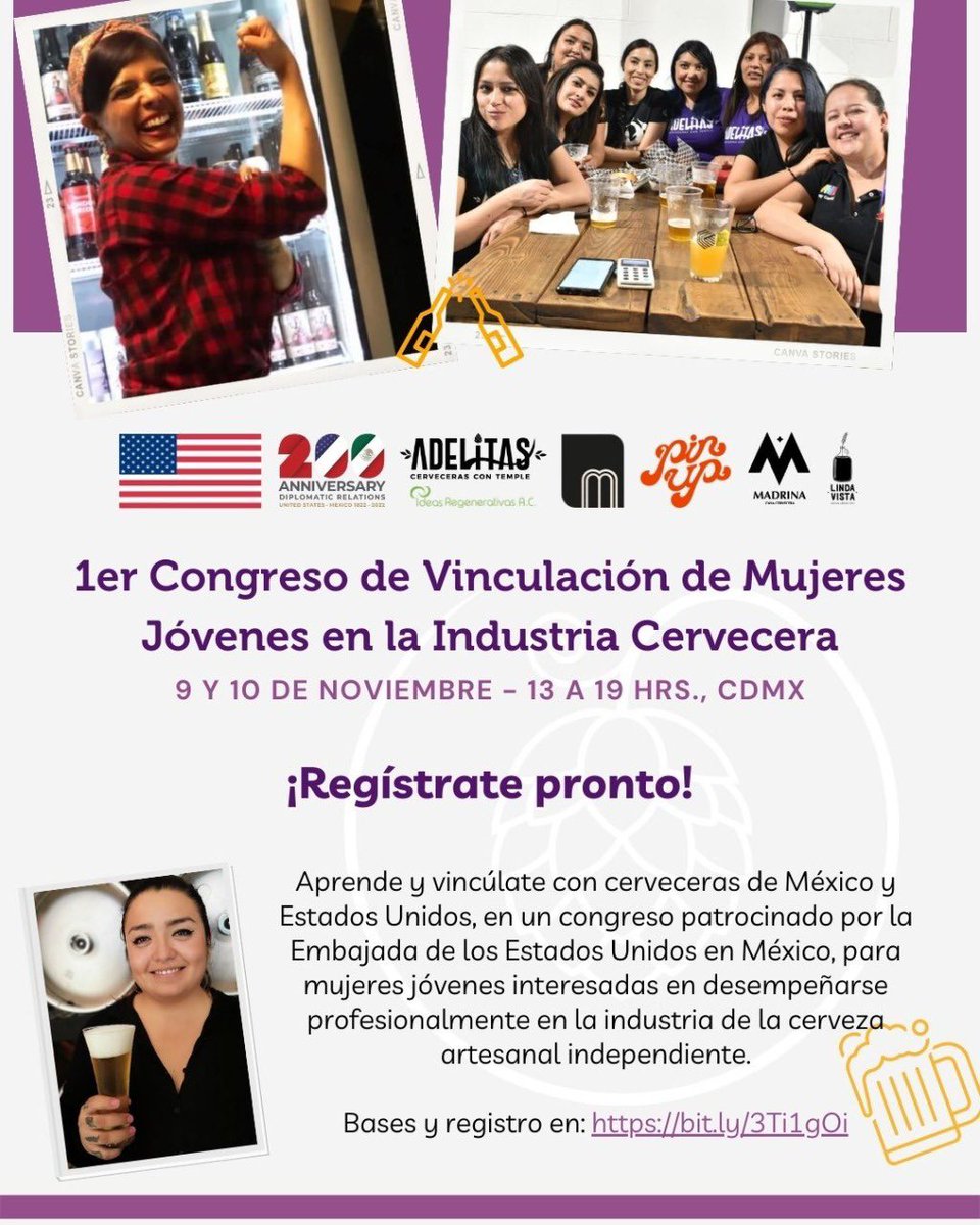 🫶🏻¡Mujeres en acción! 
Acompaña a nuestras mujeres con temple Tony Carrión, Estrella Flores y Frida Balmori, fundadoras del Colectivo de la #CDMX, #Wiccas en el *1er Congreso de Vinculación de Mujeres Jóvenes en la Industria Cervecera* 🇲🇽🍻🇺🇸
🗓️  9 y 10 de Nov, CDMX 👇🏻👇🏻