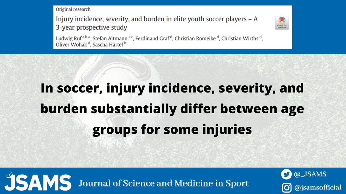 This paper aimed 🎯 to investigate age-related injury incidence, severity, and burden over a 3-year period in age groups from U14 to U19 elite male soccer players in a German youth academy 🇩🇪

👉 doi.org/10.1016/j.jsam…

#soccer #JSAMS

<a href="/TSGResearchLab/">TSG ResearchLab</a> <a href="/RufLudwig/">Dr. Ludwig Ruf</a> <a href="/StefanAltmann3/">Stefan Altmann</a>