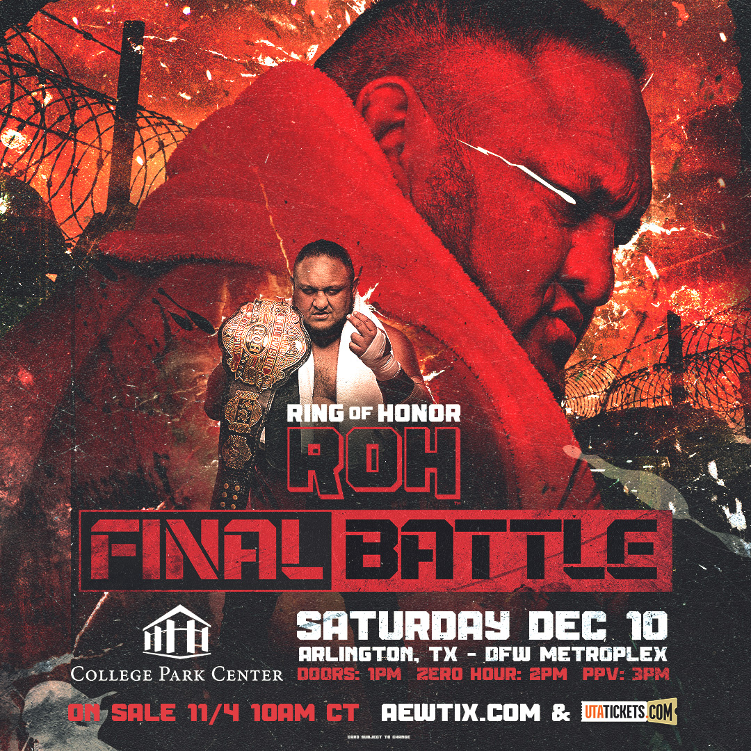 UTACollegePark's tweet photo. This is not a drill! Ring of Honor: ROH Final Battle is coming to College Park Center, December 10! Mark your calendars, because tickets go on sale November 4 at 10 AM CST. #CPC10 #CPClive #ROH @DTarlington @visit_arlington https://t.co/gFkQMVxVfI