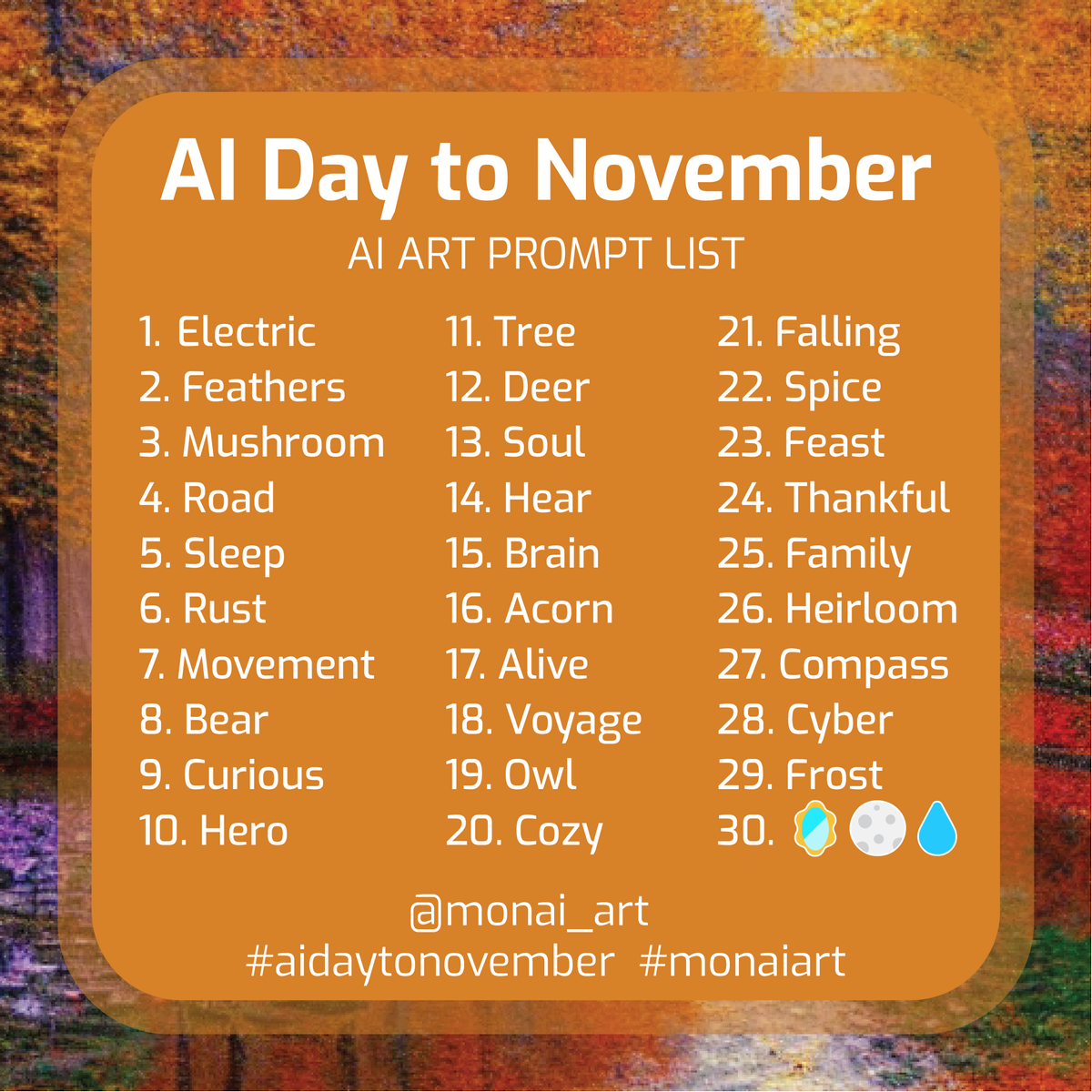 TesseractMobile's tweet photo. Hey, all of you #AIArtists! 👋 @monai_art is hosting an AI art prompt challenge for November, AI DAY TO NOVEMBER!

The rules for the AI DAY TO NOVEMBER challenge are simple. Just use the hashtag #aidaytonovember and tag them at @monai_art, and they will retweet you and your art! https://t.co/iqowPn1Ncj