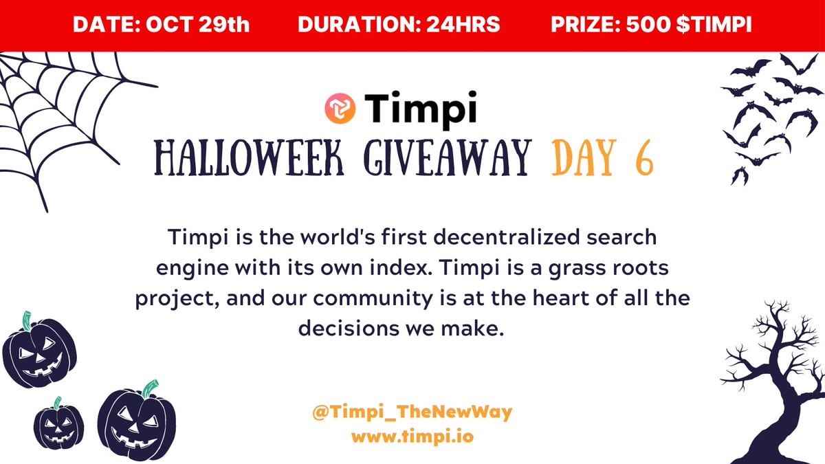 Timpi_TheNewWay's tweet photo. 🌟DAY 6 HALLOWEEK GIVEAWAY - WIN 500 $TIMPI 🌟

❓How to enter: RT this tweet &amp; tag @Timpi_TheNewWay &amp; add hashtag #freedom
🏆Prize: 500 $TIMPI
⏰Duration: 24hr
✅Winner: Selected at random &amp; announced tomorrow

By retweeting you agree to these T&amp;Cs 👉 https://t.co/oBg2zmOgDk https://t.co/Q4ODmwUBqr