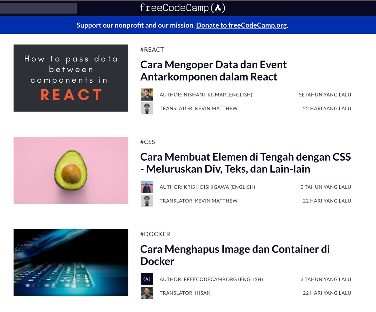 ossia's tweet photo. freeCodeCamp Indonesian is now live. 🏝️

23 tutorials fully translated into Indonesian so far: https://t.co/1itHAP0MJt

😊 Selamat mengkode. 💻

Thanks to @peterjoseee, @hendripriambowo, @gusajisan, @RafaelDavisH and everyone making this possible. We're just getting started. https://t.co/umuKXsIsL9