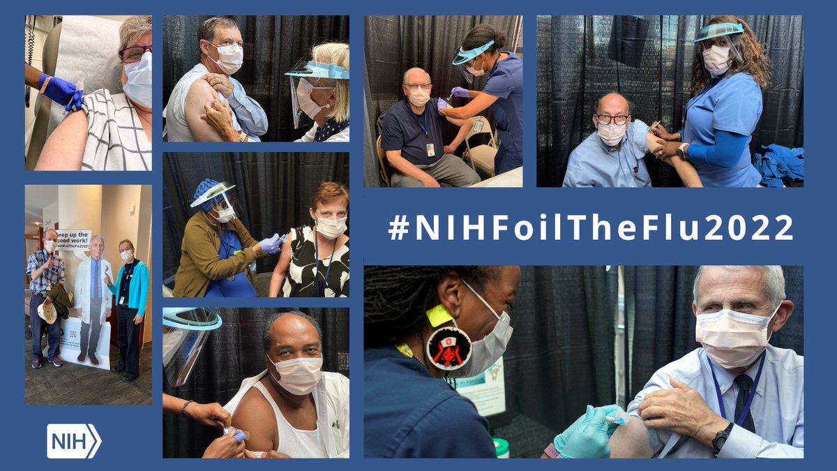 NIH's tweet image. Our #NIH leadership are rolling up their sleeves for #NIHFoilTheFlu2022 and hope you’ll join them! While peak flu season is fast approaching, it’s not too late to get your #FluShot. Not sure where to go? Visit vaccines.gov/find-vaccines.