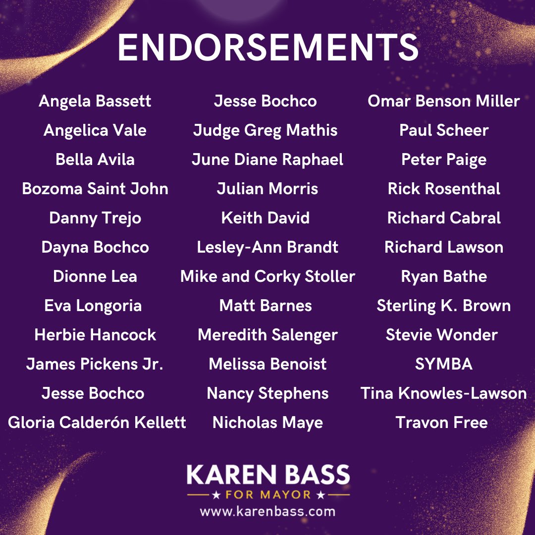 Los Angeles is the entertainment capital of the world, and these culture leaders of our city are committed to solving the crises we are facing. 

Thank you for standing with me as we continue to fight for a safer and more just Los Angeles. 

#KarenBassforMayor