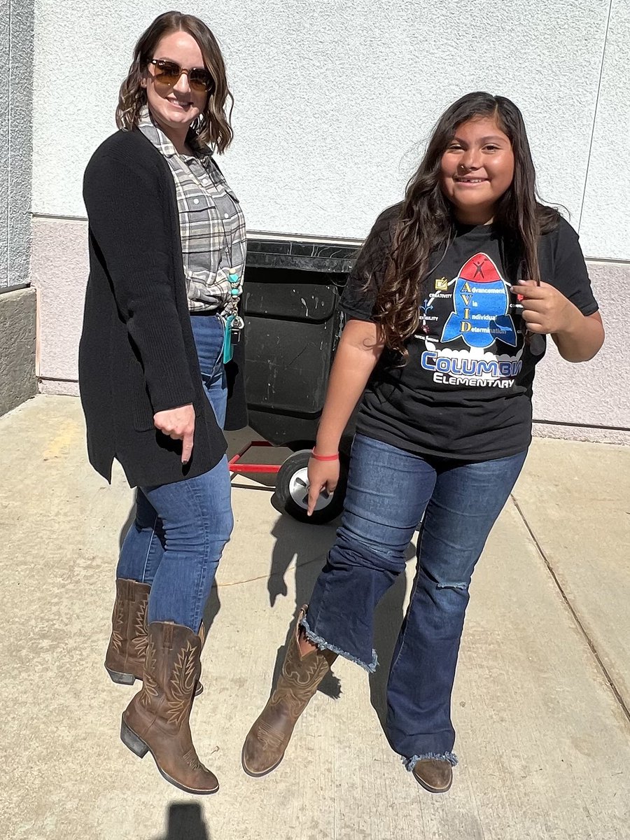 When your student has the same cowgirl boots as you on our cowboy/girl spirit day, you have to take a picture!! @Columbia_VVUSD