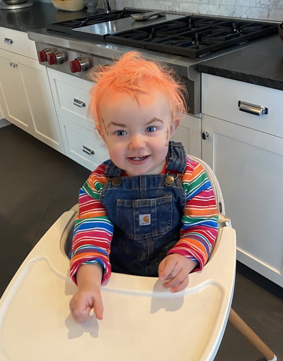 sarahcarlsonmd's tweet photo. Overheard at daycare Halloween parade: “what kind of parent would send their baby dressed as Chucky?” @david_b_gordon and I would, actually…and BTW we really enjoyed your kid’s store-bought Elmo costume too, that was super original. #momshade #childsplay #idontcarewhatyouthink https://t.co/qsNwlgCN6G